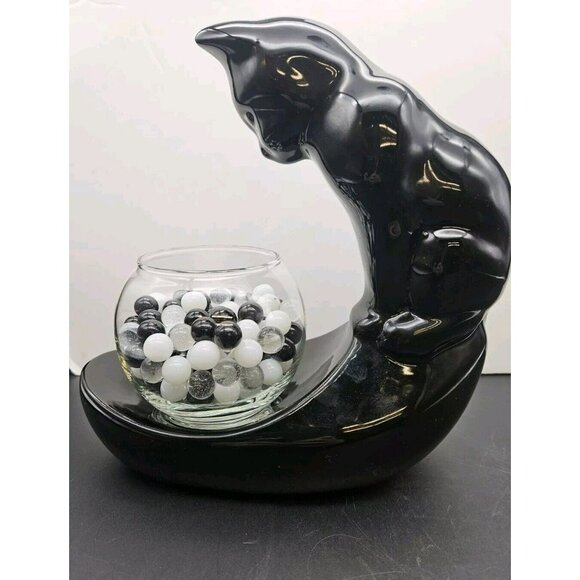 Vintage Haeger Black Ceramic Cat With Glass Fish Bowl With Marbles - Picture 4 of 11